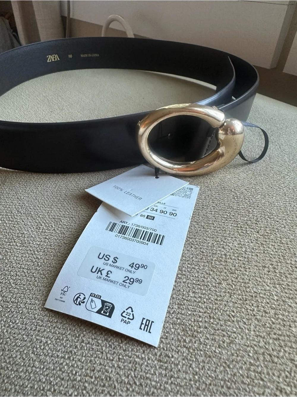 Zara NWT Brown 100% Leather Belt with Gold Curved Buckle